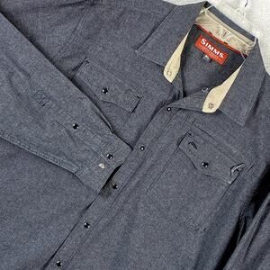 Simms Fishing Shirt Men XL Gray Pearl Snap Preppy Outdoors Hiking Hunting Camp